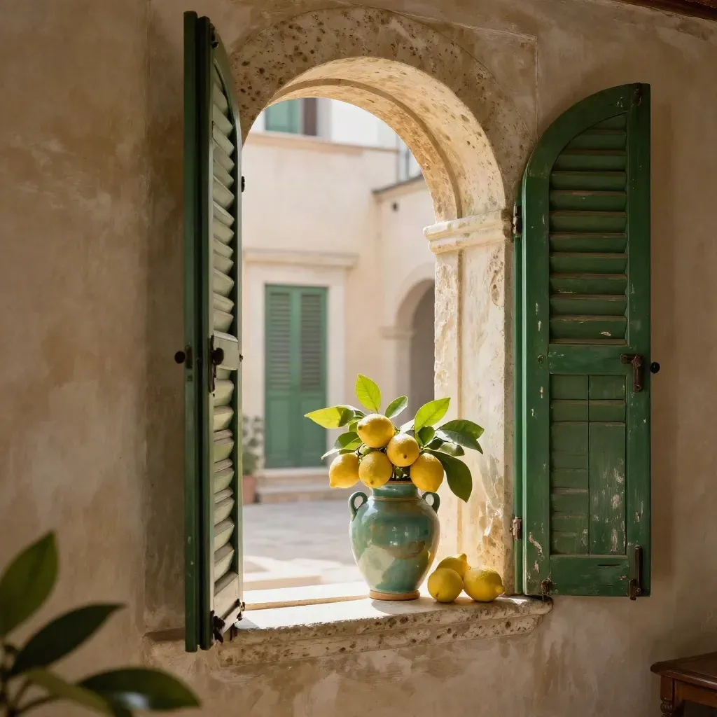 Appartamento romano in travertino con persiane verdi e vaso di agrumi sotto un arco assolato.