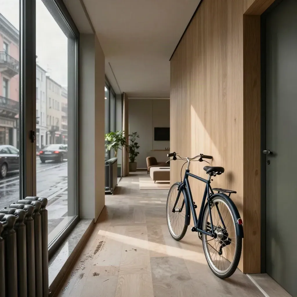 Appartamento moderno a Milano con corridoio lungo, bici navy e luce sulla strada bagnata.