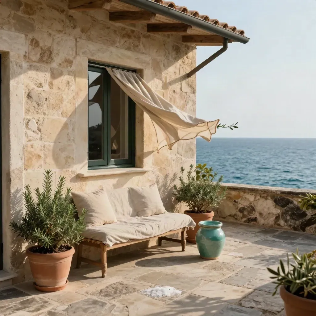 Casa al mare in pietra con veranda, seduta in lino, piante basse e mare calmo.