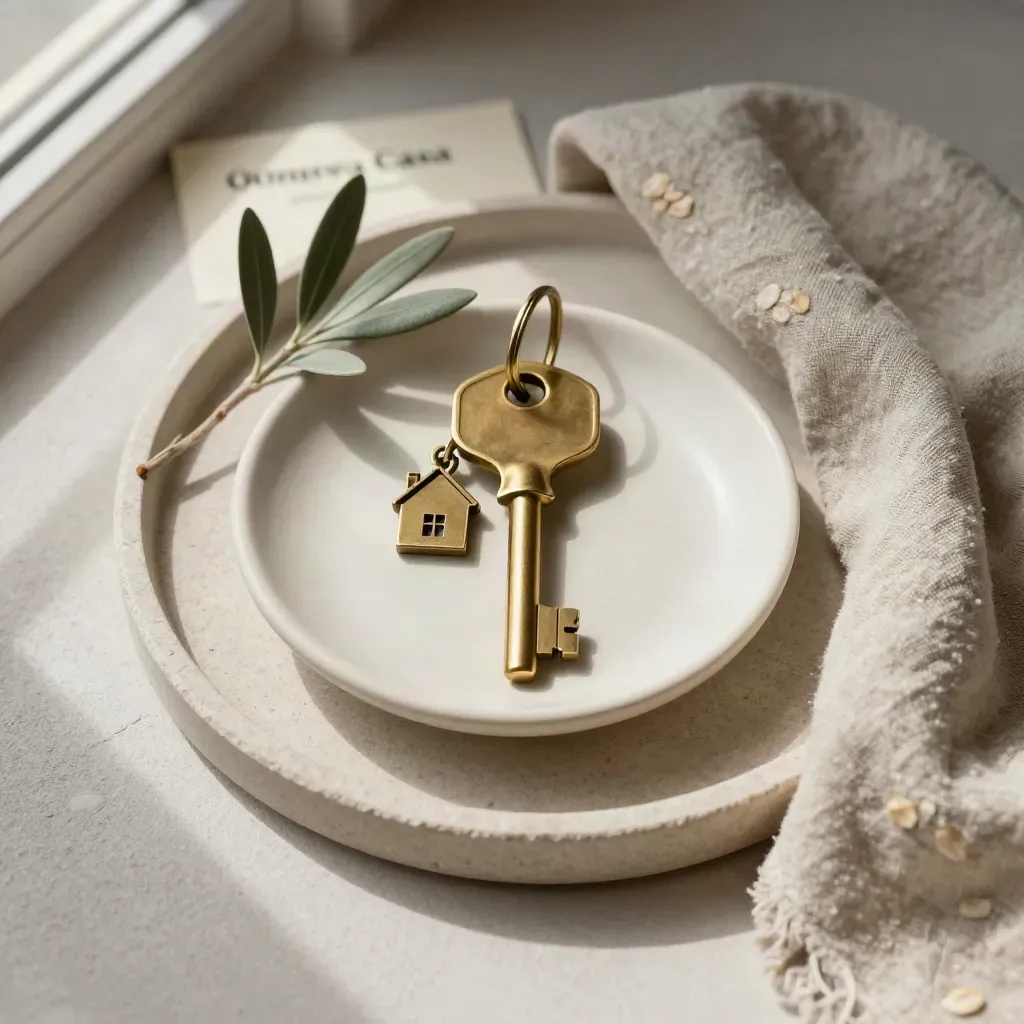 Chiave di casa in ottone con ciondolo, piattino in ceramica, ulivo e lino su vassoio di pietra.